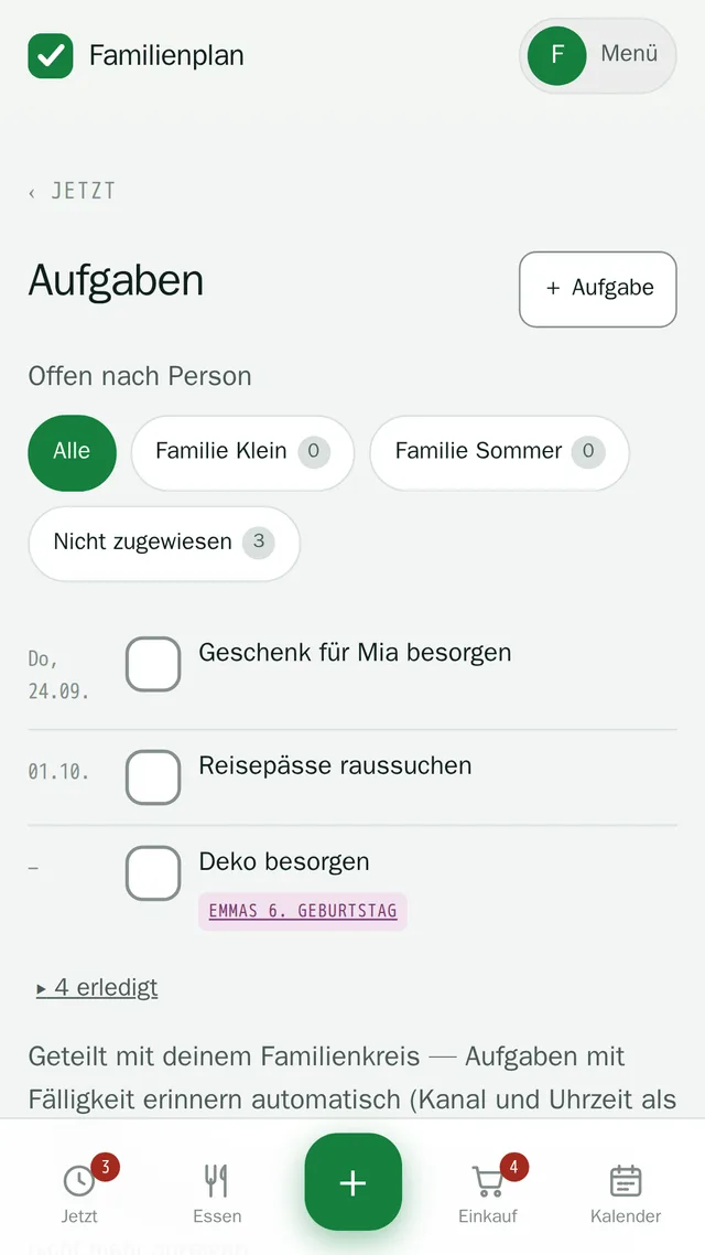 Aufgabenliste, gefiltert nach Familienmitglied, mit Fälligkeitsdatum.