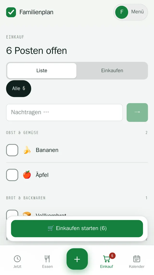 Einkaufsliste nach Kategorien sortiert, mit angehakten und offenen Posten.
