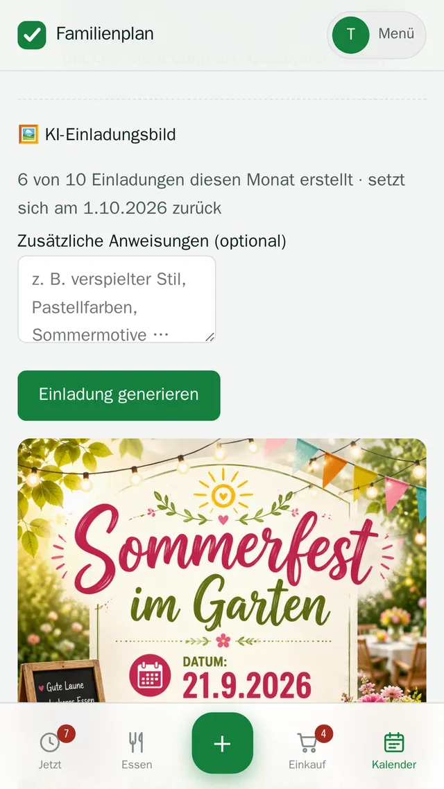 Per KI erzeugte Einladungskarte für ein Sommerfest, mit Titel und Datum im Bild.