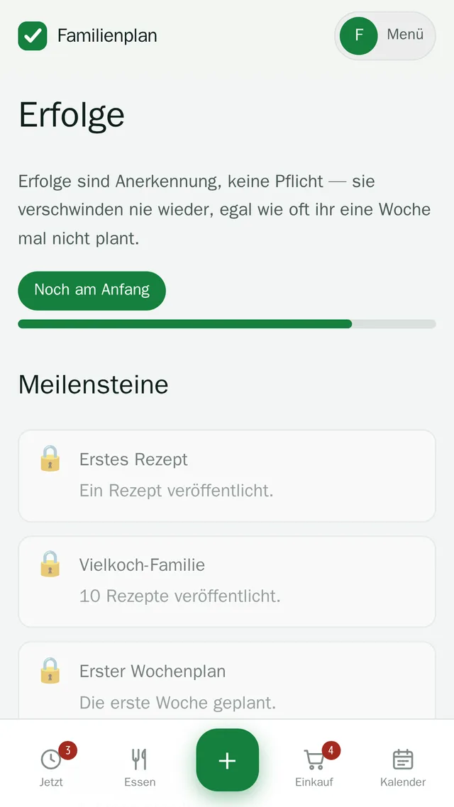 Erfolge-Übersicht mit Fortschrittsbalken und noch gesperrten Meilensteinen.