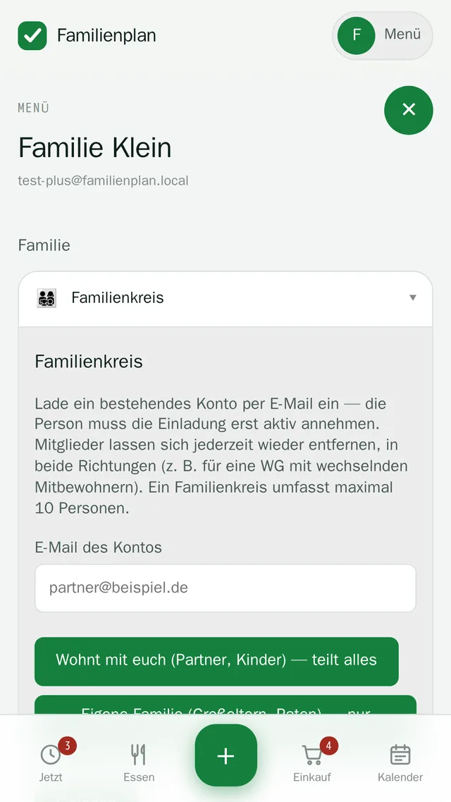 Familienkreis-Einstellungen: ein bestehendes Konto per E-Mail einladen.