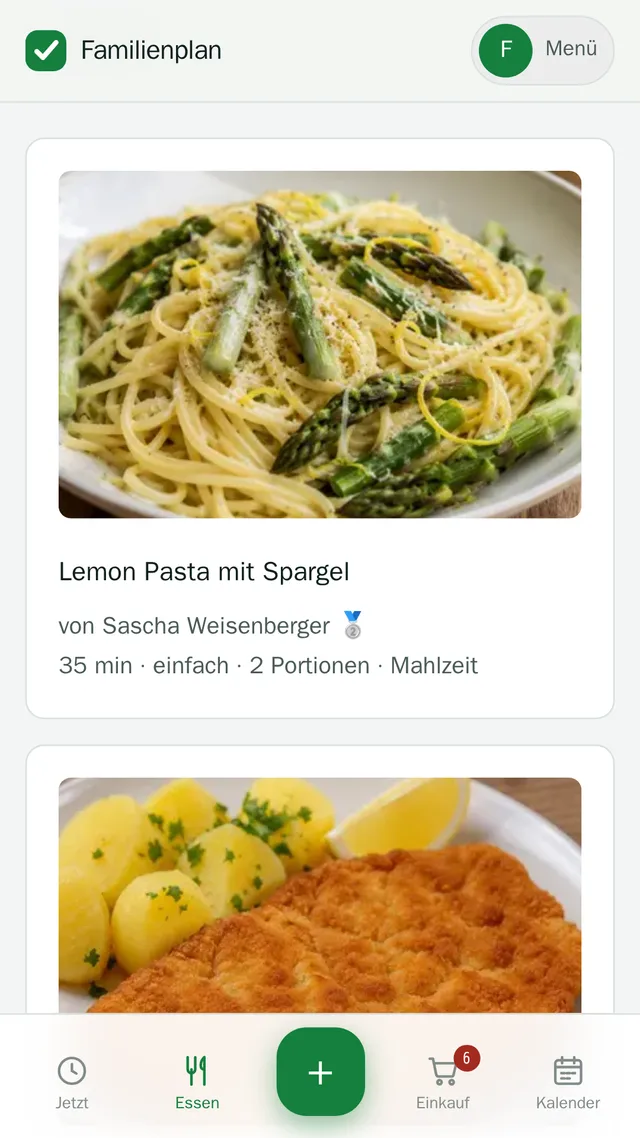 Rezeptliste mit Fotos, Zubereitungszeit und Schwierigkeitsgrad.