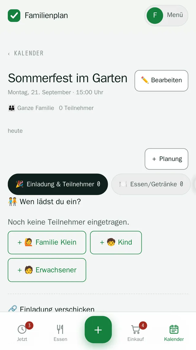 Anlass-Seite eines Kindergeburtstags mit Modul-Reitern und Gästeliste.
