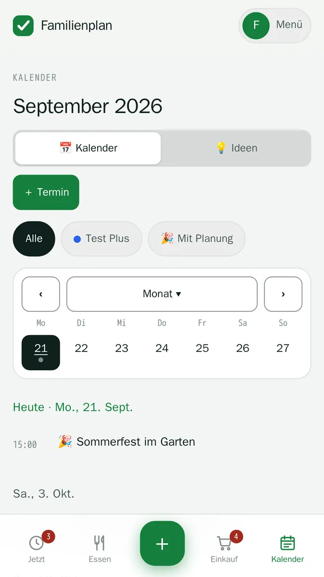Familienkalender in Familienplan: Monatsansicht mit eingetragenem Termin.
