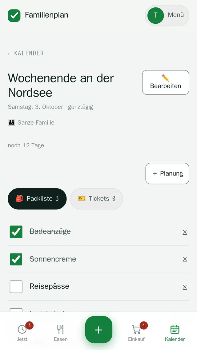Packliste einer Reise mit abgehakten und offenen Posten.