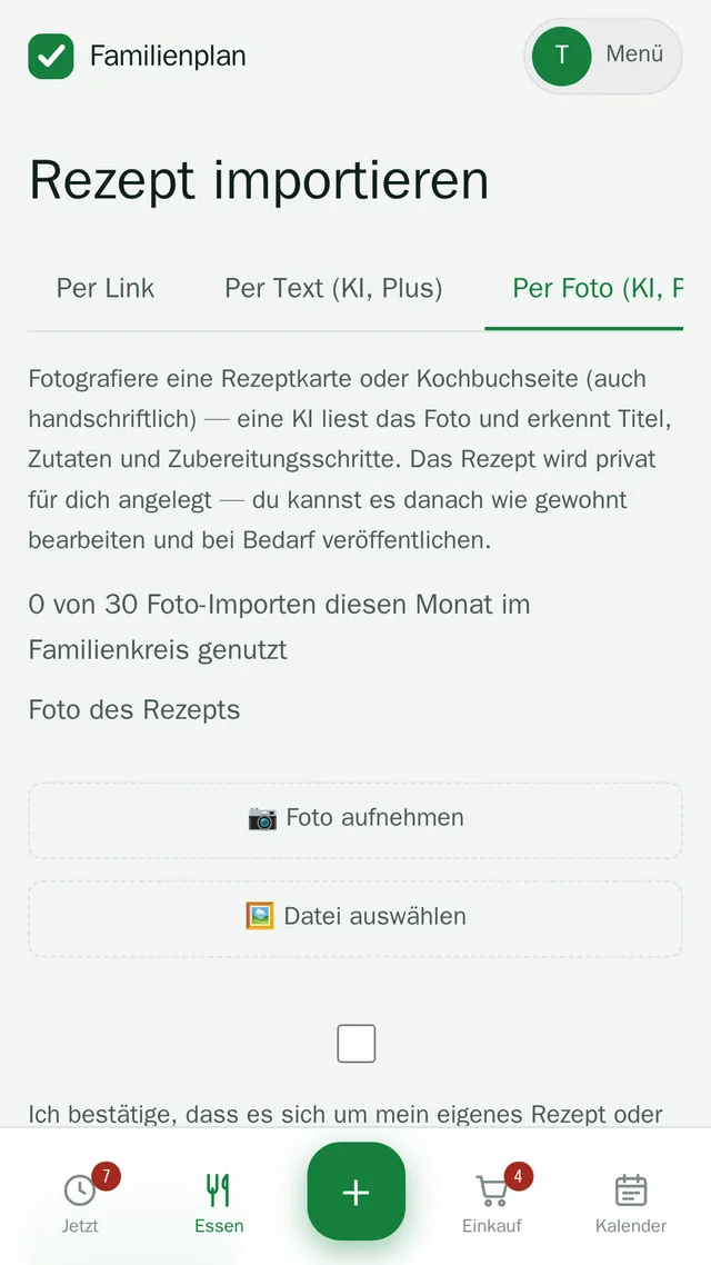 Rezept-Import per Foto: Kontingentanzeige und Foto-Upload-Feld.