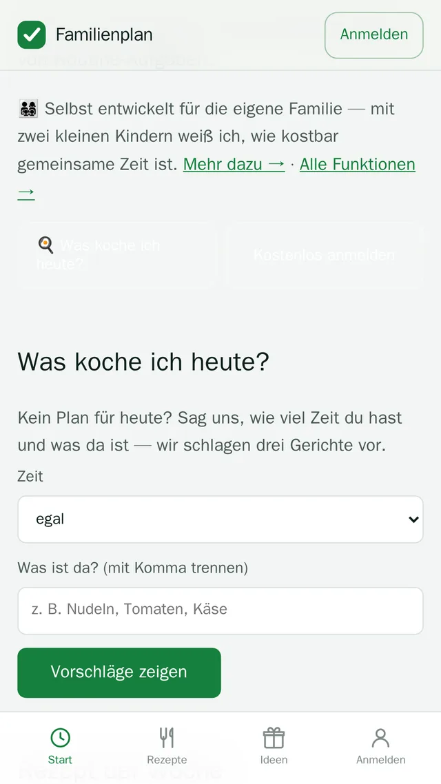 Der Schnellvorschlag „Was koche ich heute?“ auf der Startseite, nutzbar ohne Konto.