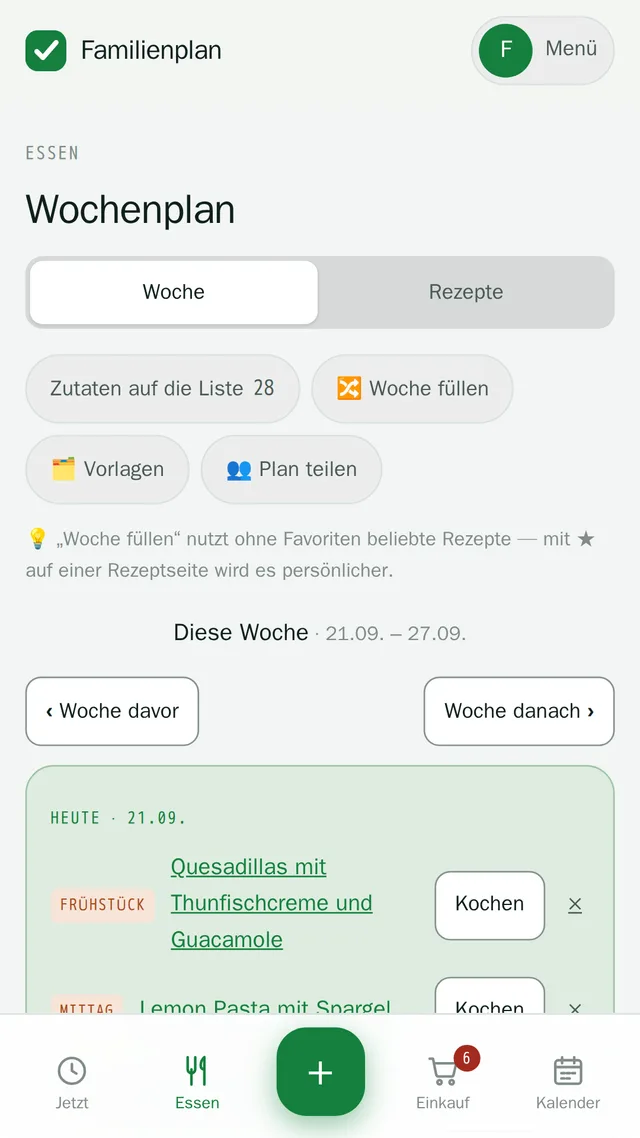Wochenplan mit gefüllter Woche: Frühstück, Mittag und Abendessen für die aktuelle Woche eingetragen.